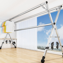 Clothes rack floor-to-ceiling bedroom household balcony telescopic stainless steel folding clothes bar Outdoor Quilt artifact