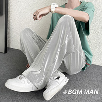  Striped smooth skating silk pants Mens loose straight summer thin breathable large size casual pants mopping wide legs