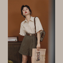 Small port style retro chic Casual age-reducing fashion Light cooked style wide leg pants shorts two-piece suit womens summer clothes