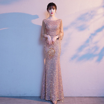 Sequined host evening dress female summer banquet temperament socialite long fishtail high-end fashion high-end texture skirt