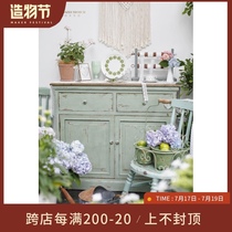 Runjia home green garden series Old vintage cabinet stool Solid wood table Dining side cabinet shelf table and chair