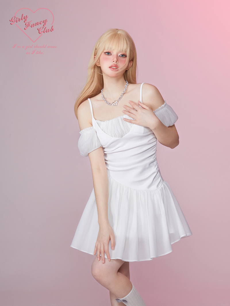 GirlyFancyClub White Moonlight*妖精のような美しいプリーツレースアップウエストオフショルダーパフスリーブドレス