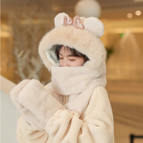 Bear hat scarf hooded one female winter warm autumn and winter thick plush three-piece set to protect ears