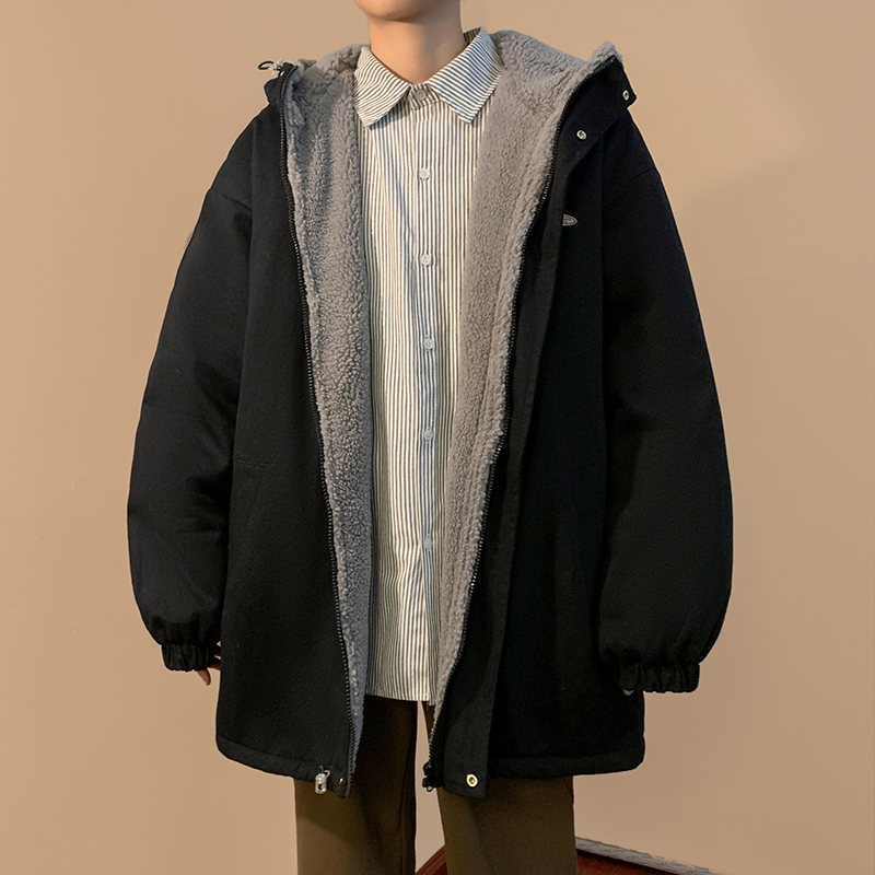 ラムウール綿コート男の子のための 2024 冬フード付きプラスベルベット肥厚綿ジャケットトレンディなブランド多用途ラムウール綿コートジャケット