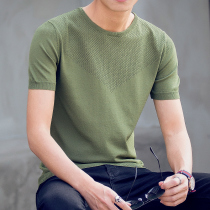 Mens short sleeve sweater round neck pullover solid color thin bottomed sweater half sleeve ice silk T-shirt mens trend slim