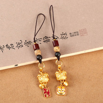 Brass Sand Gold Wake Lion Mobile Phone Pendant Antique Mens and Womens School Bag Lanyard High-end Exquisite Keychain Hanging Jewelry