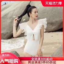 Swimsuit womens summer new one-piece bikini small chest gathered ruffle fairy hollow cover belly halter seaside ins wind