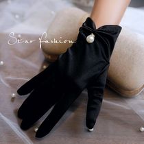 Hepburn style French retro black etiquette dress gloves women satin dinner party welcome jewelry tour props