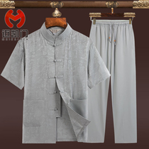 Summer middle-aged fat plus size Daddy Tang suit Mens short-sleeved ice silk shirt Fat loose trousers suit