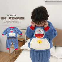 Childrens coral velvet home clothing autumn and winter boys plus velvet padded pajamas flannel womens baby Winter split suit