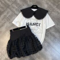 Yuzu MM2021 eve baby lapel short sleeve letter cartoon bear T with check yarn bud skirt niche suit