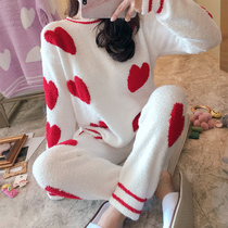 Soft pajamas womens autumn and winter coral velvet cute heart thickened two-piece set can be worn outside home clothes fashion