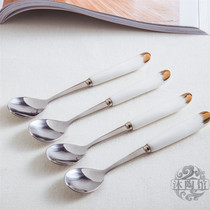 Fruit fork coffee spoon snack fork mixing spoon creative golden ceramic handle stainless steel spoon Fork household