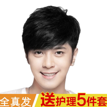 Wig mens short hair real hair silk Korean version of handsome boys real hair lifelike natural fluffy men wig set short hair