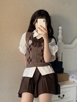  Japanese JK uniform skirt Female genuine Japanese college Lingge knitted vest sweater shirt three-piece suit