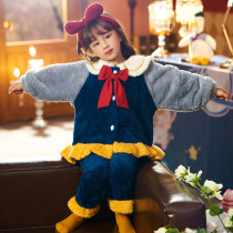 Childrens pajamas autumn and winter girls coral velvet plus padded flannel home clothing girls winter baby suit
