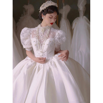 Satin wedding dress 2021 new bride main yarn high texture light luxury tailing Palace wind bubble sleeve winter winter