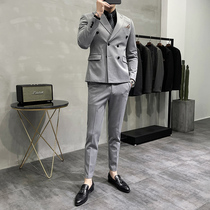 Double-breasted suit suit mens casual plus size Korean groom dress