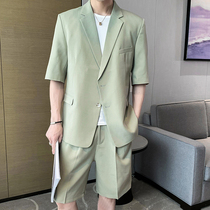 Light-colored thin section three-point sleeve small suit mens summer ruffian handsome loose suit with shorts two casual jackets tide