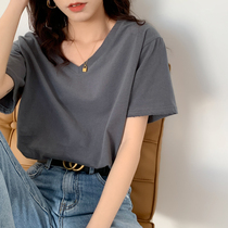 Cotton V-neck short-sleeved T-shirt Womens inner tie 2021 spring and summer New loose Korean version of bottomed white half-sleeved top