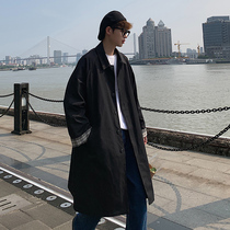 Autumn Ruffian black windbreaker mens long knee Korean trend loose jacket ins Tide brand Hong Kong style clothes