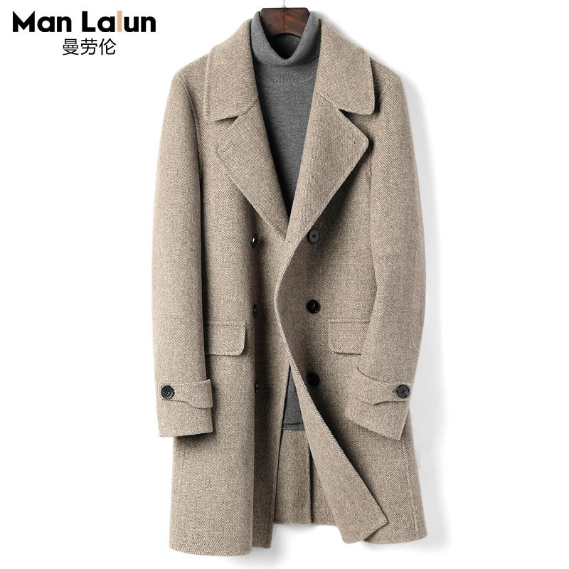 100% Australian wool double-sided wool coat Men's double breasted slim fitting casual coat Fashion mid length high-quality trench coat