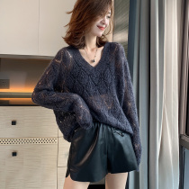  G PTP hollow mohair sweater womens autumn 2021 new thin V-neck loose lazy wind knitted top