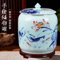 Jingdezhen ceramic rice cylinder rice barrel household sealed tank with lid storage tank Pu 'er tea cake cylinder moisture-proof cylinder