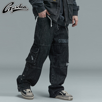 GUUKA Tide Cards Black Jeans Mens Fall Student Hip Hop multiple bags Hole Tooling Straight Barrel Jeans Loose