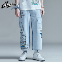 GUUKA Tide Cards Blue Jeans Mens Summer Thin Students Hip Hop Sports Big Print Flowers Straight 90% Pants Loose
