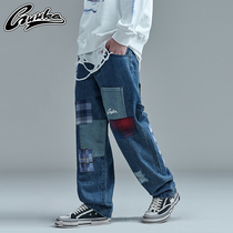 GUUKA Blue Jeans Male Tide Card Student Plaid Patch Splice Breaking Hole Sports Straight Barrel Jeans Loose