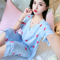 Korean version of cotton silk pajamas womens summer short-sleeved shorts cotton home clothes artificial cotton suit two thin models sweet and cute