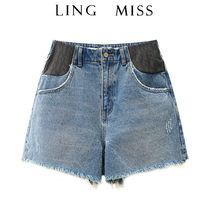 Beautiful back plain color 2021 summer new wild thin retro high waist contrast color casual burr denim shorts