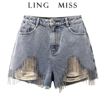 Edidisu 2021 summer new wild thin retro high waist hole tassel diamond chain wide leg denim shorts