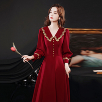  Toast dress The bride returns to the door casual autumn and winter wine red long sleeves can usually be worn engagement and wedding small evening dress skirt female