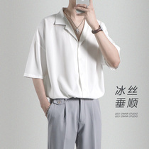 Ice silk shirt mens white short-sleeved top summer thin Korean version of the trend mens loose casual Cuban collar shirt