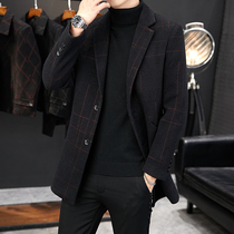  Winter fashion windbreaker mens mid-length Korean version of slim youth coat trend plus velvet thick wool coat