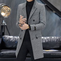 Trench coat mens long trend plaid woolen coat autumn and winter Korean version of thick handsome casual woolen coat