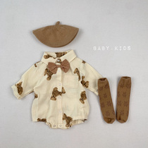 2021 autumn mens baby bear comfortable cotton yarn bow tie conjoined ha clothes baby 100 days full moon clothes climbing clothes