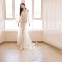 French fish tail light main wedding dress 2021 new bride chest shoulder long sleeve slim dreamy temperament tailing female
