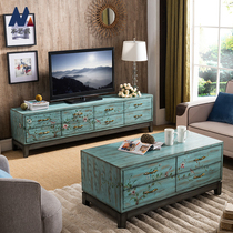  American solid wood TV cabinet Coffee table combination Mediterranean-style living room old floor cabinet European-style bedroom painted locker
