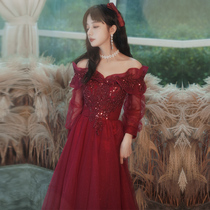 Shoulder toast 2021 new wedding wine red long pregnant woman thin temperament bride engagement dress female