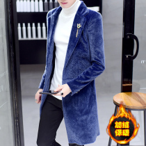 Winter suit mens long slim suit Korean version of small suit night handsome imitation mink hairy windbreaker plus velvet jacket