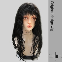 Two MW two shepherd girl natural black fluffy wool small roll cute Qi bangs long curly hair whole top wig set