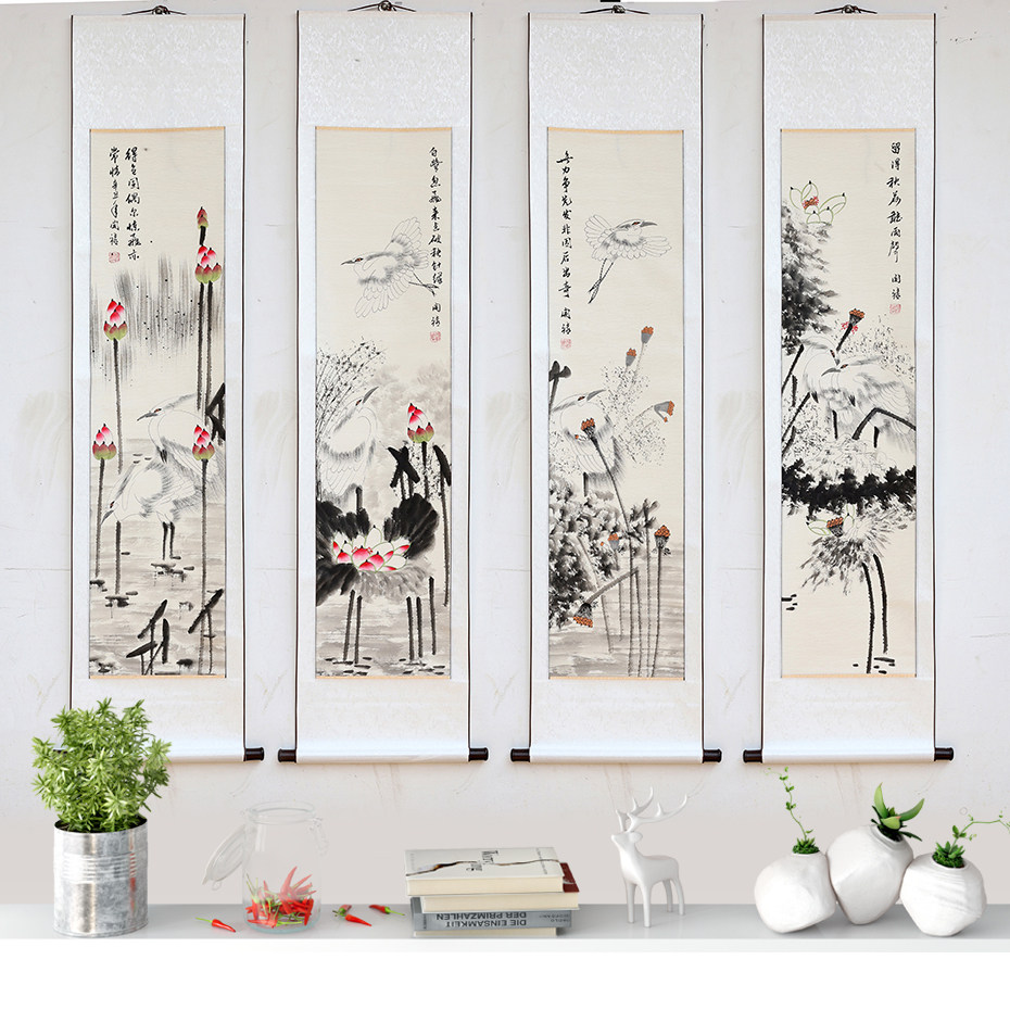 中国古美術☆純手描き四条屏・梅兰竹菊画芯☆国画・鄭板橋印款・肉筆