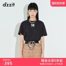 dzzit 2021 spring counter new black simple casual print short sleeve T-shirt female 3D1B3221A