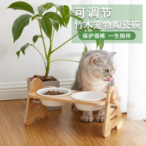 Pet cat bowl ceramic double bowl oblique mouth protection cervical spine cat food basin anti-knock pet dog bowl adjustable bamboo frame