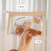 Orun transparent pen bag Japanese ins Primary school students large capacity girls Creative Quicksand Korean cosmetic bag Girls  storage bag Junior high school students cute simple stationery supplies High Yan value college students