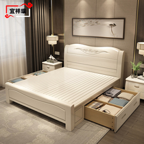 Modern minimalist white solid wood bed Master Bedroom 1 8 m Chinese double bed 1 5 m economical oak storage wedding bed