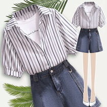 Denim shorts set summer 2021 new fat sister large size fake two-piece short-sleeved thin age reduction two-piece set